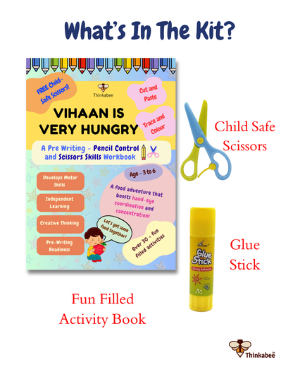 "Vihaan Is Very Hungry” activity book shown with child-safe scissors and glue stick included as part of the complete pre-writing activity kit.