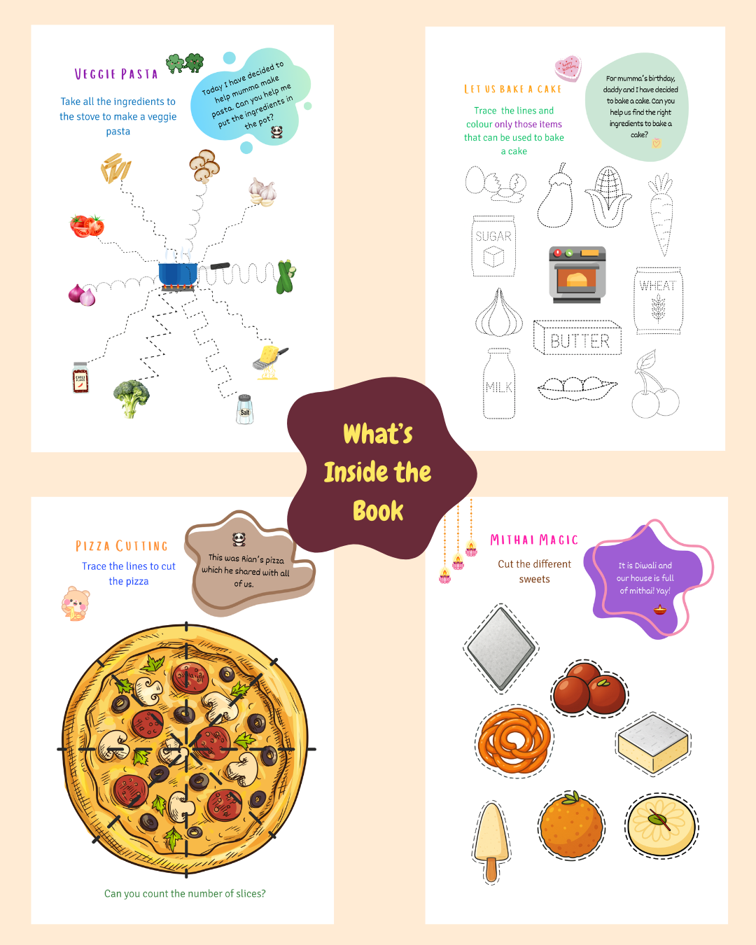 Inside pages of the “Vihaan Is Very Hungry” activity book showing tracing paths, colouring pages, scissor cutting activities, and story-based food missions for early learning.