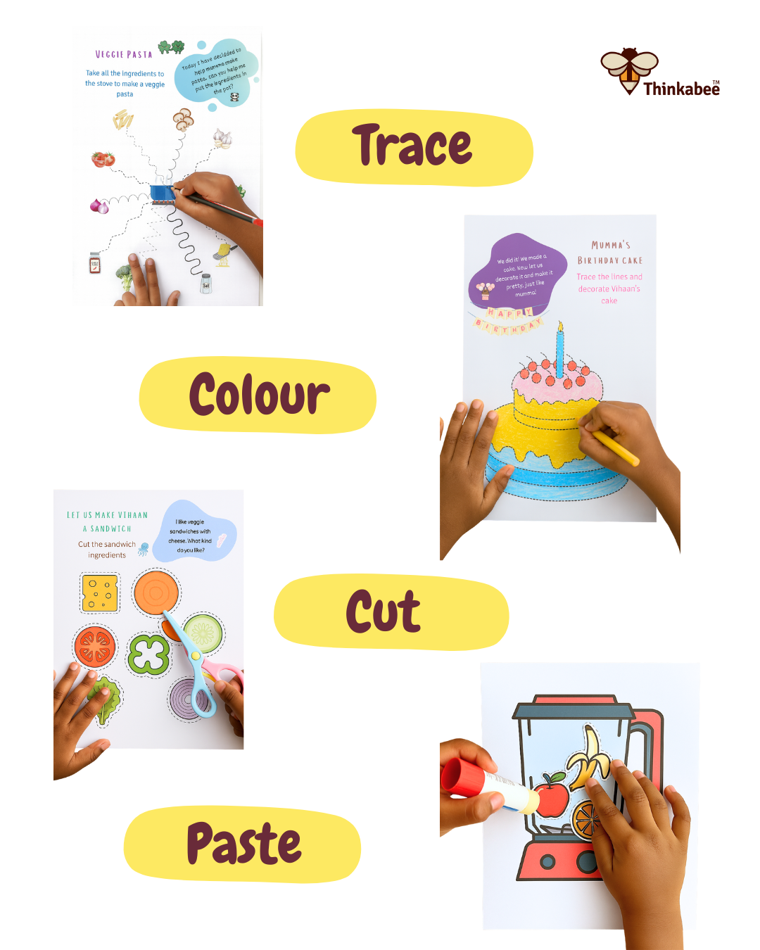 Preschool activity pages showing tracing, colouring, cutting, and pasting activities that build pre-writing and fine motor skills for children aged 3–6.