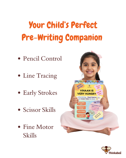 A child holding the “Vihaan Is Very Hungry” pre-writing activity book, designed to build pencil control, line tracing, scissor skills, early strokes, and fine motor skills for kids aged 3–6.