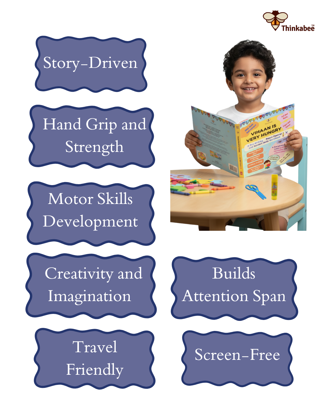 Child using the “Vihaan Is Very Hungry” activity book highlighting story-driven learning, hand grip strength, motor skills development, creativity, attention span, and screen-free play.