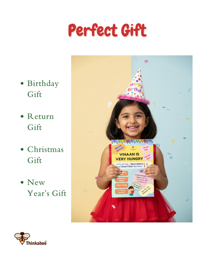 Smiling child holding the “Vihaan Is Very Hungry” activity book, shown as a perfect gift for birthdays, return gifts, Christmas, and New Year for kids aged 3–6.