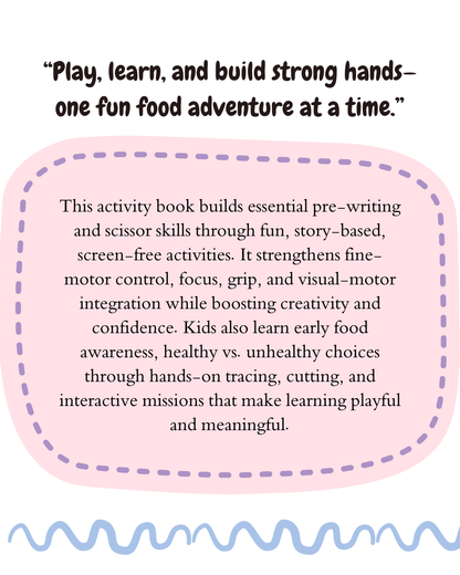 Pre-writing activity book description highlighting fine motor development, focus, creativity, and screen-free learning through tracing, cutting, and storytelling.