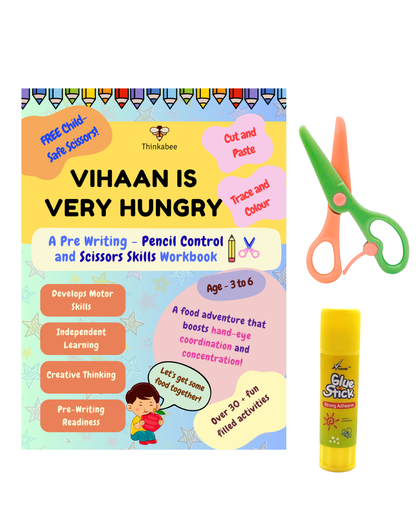 What’s included in the activity kit: a fun pre-writing activity book, child-safe scissors, and glue stick designed for preschool learning.