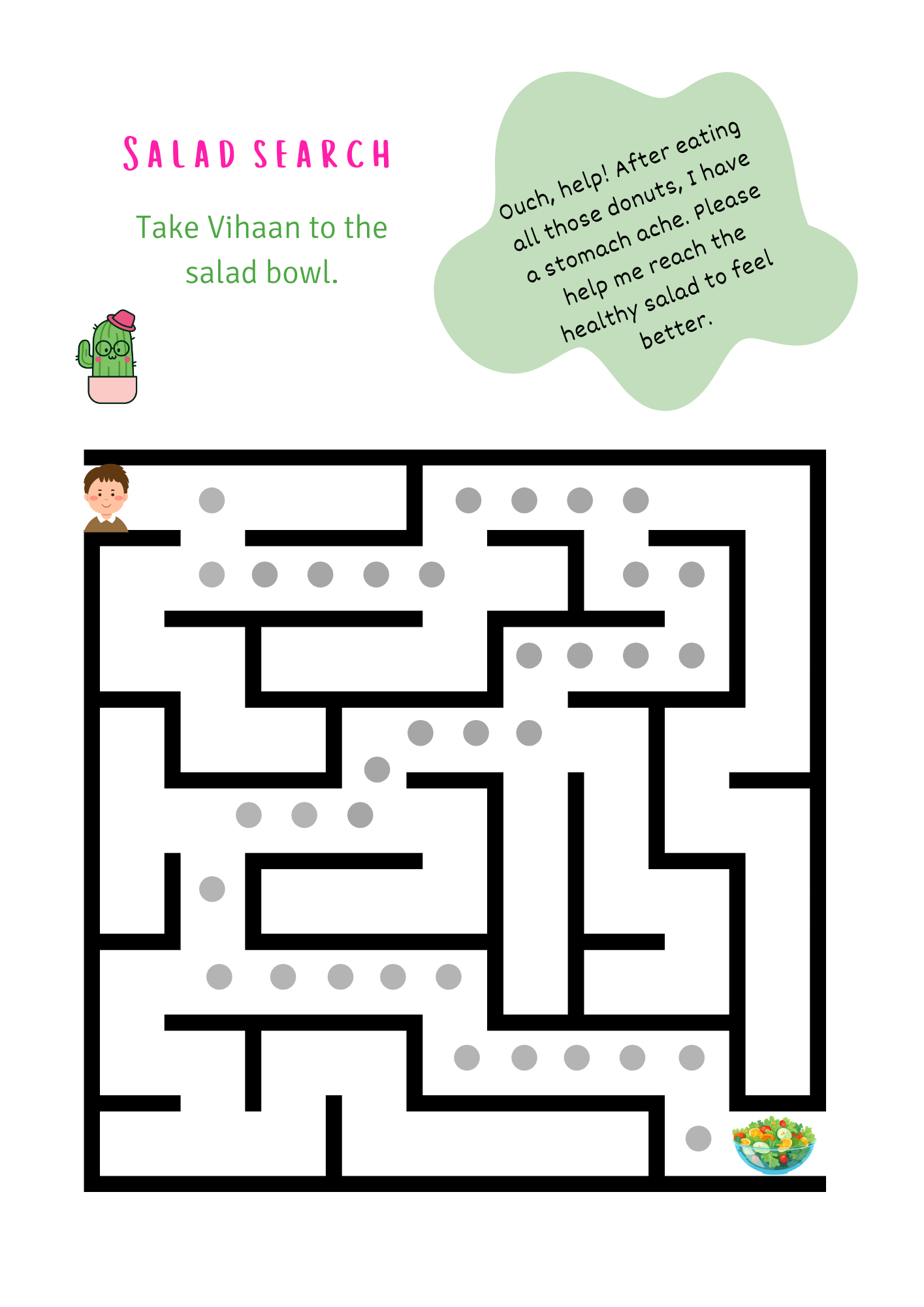 Labyrinth puzzle with a child character and text about a salad search.