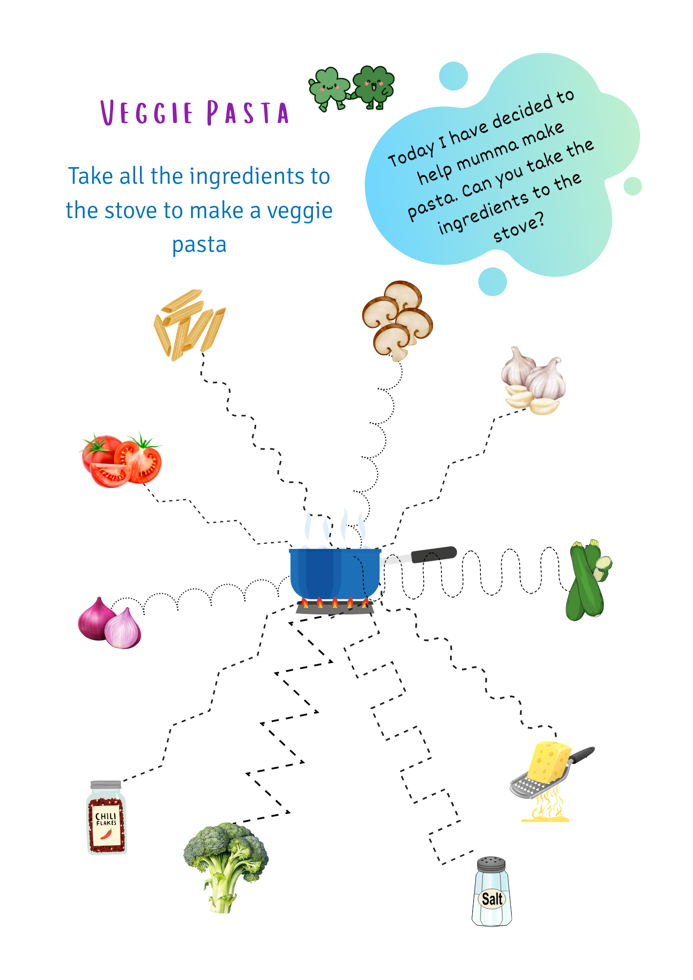 Illustration of ingredients for veggie pasta with a stove and cooking pot with tracing lines.