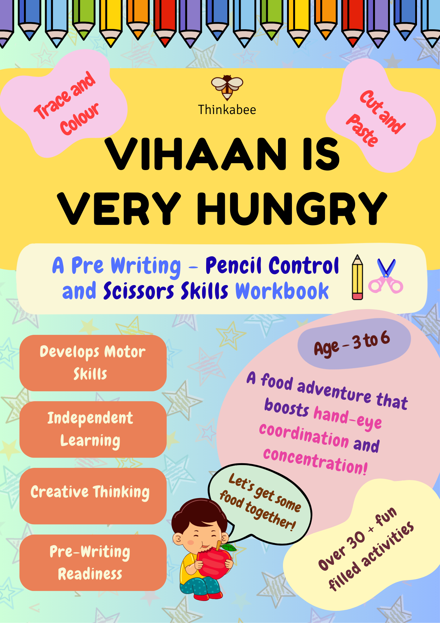 Children's activity book cover titled 'VIHAAN IS VERY HUNGRY' with colorful border and text about pre-writing skills.