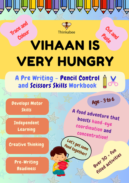 Children's activity book cover titled 'VIHAAN IS VERY HUNGRY' with colorful border and text about pre-writing skills.