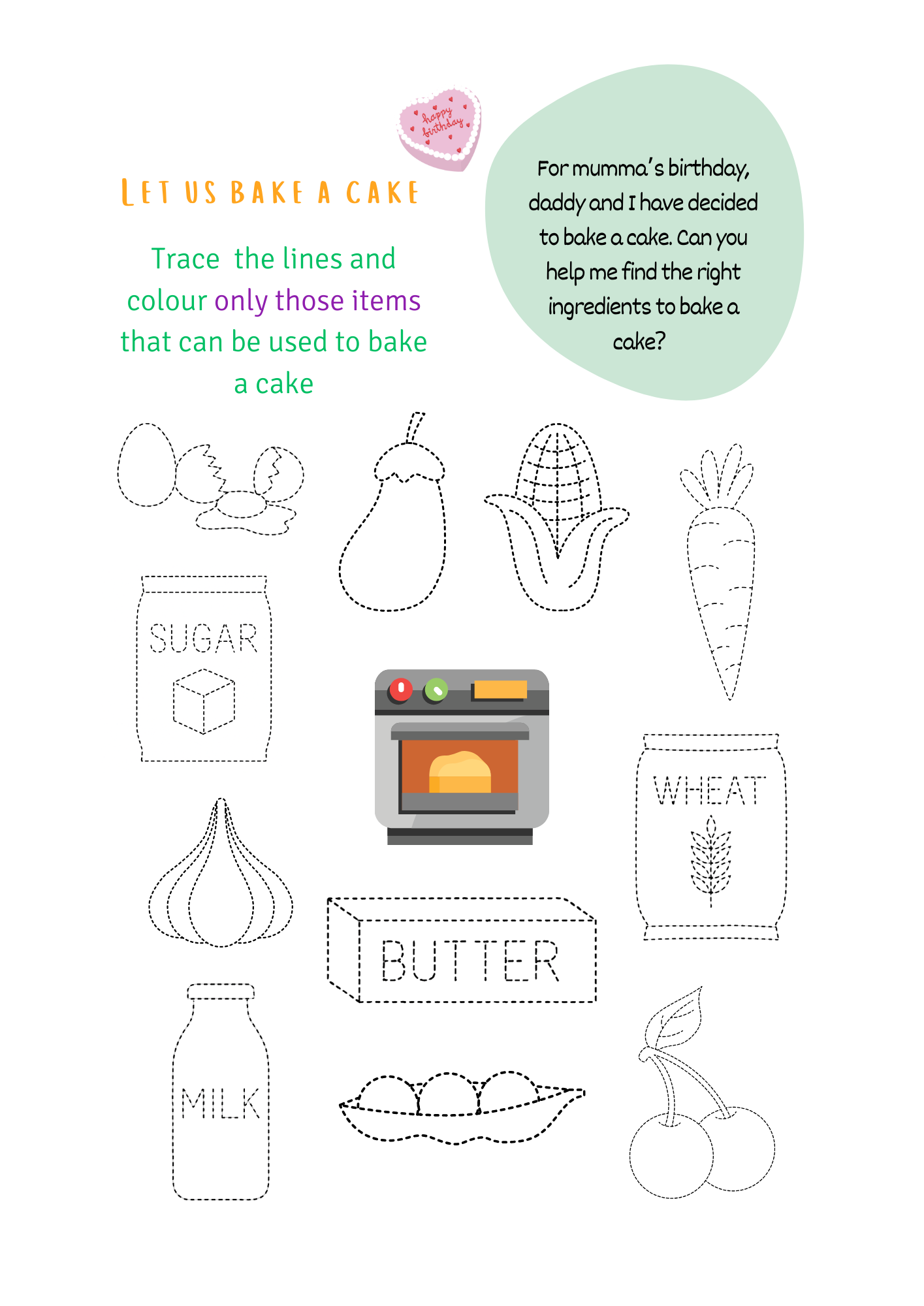 Educational worksheet for children to trace and color items used to bake a cake.