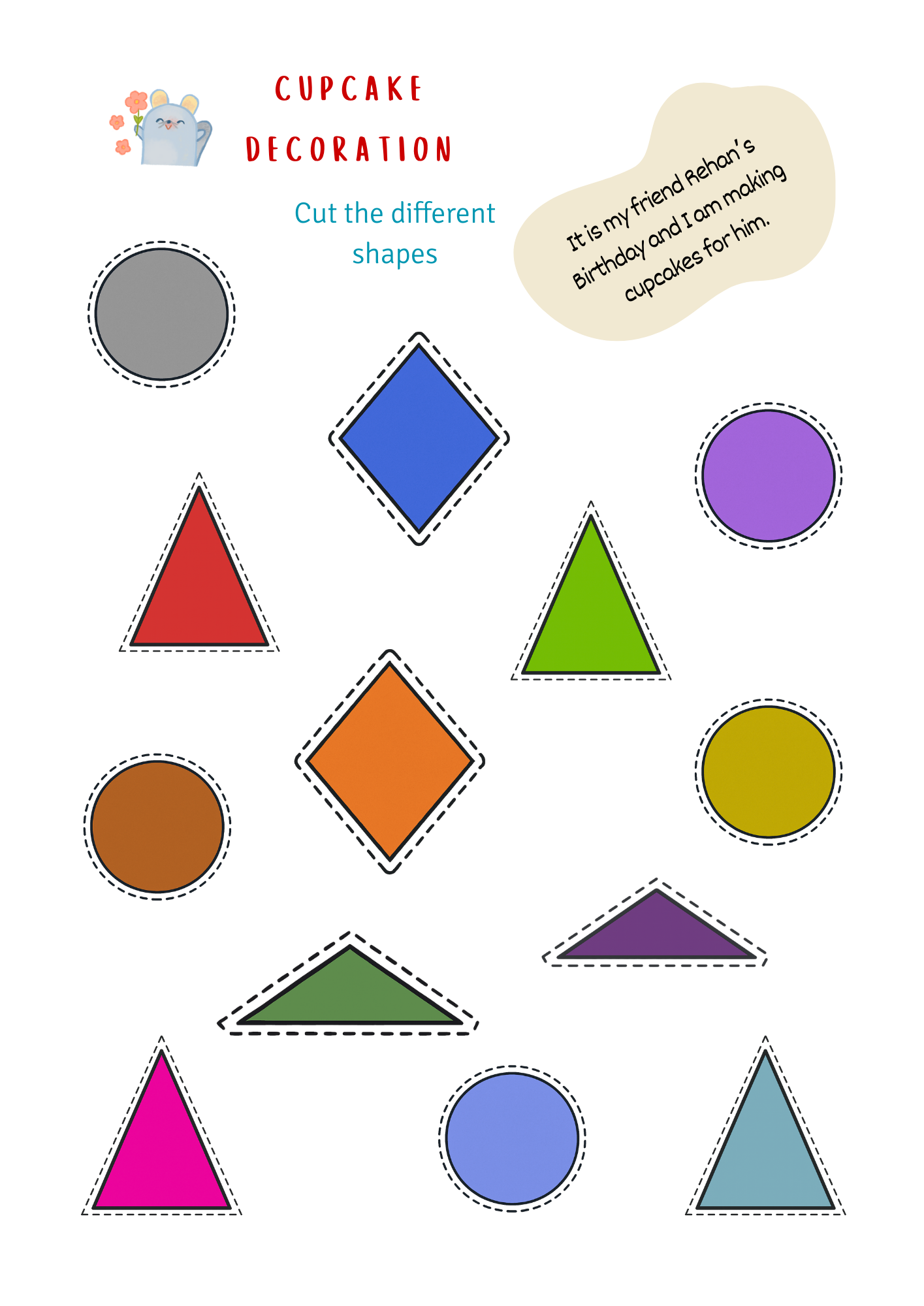 Colorful geometric shapes for cupcake decoration with text on a white background