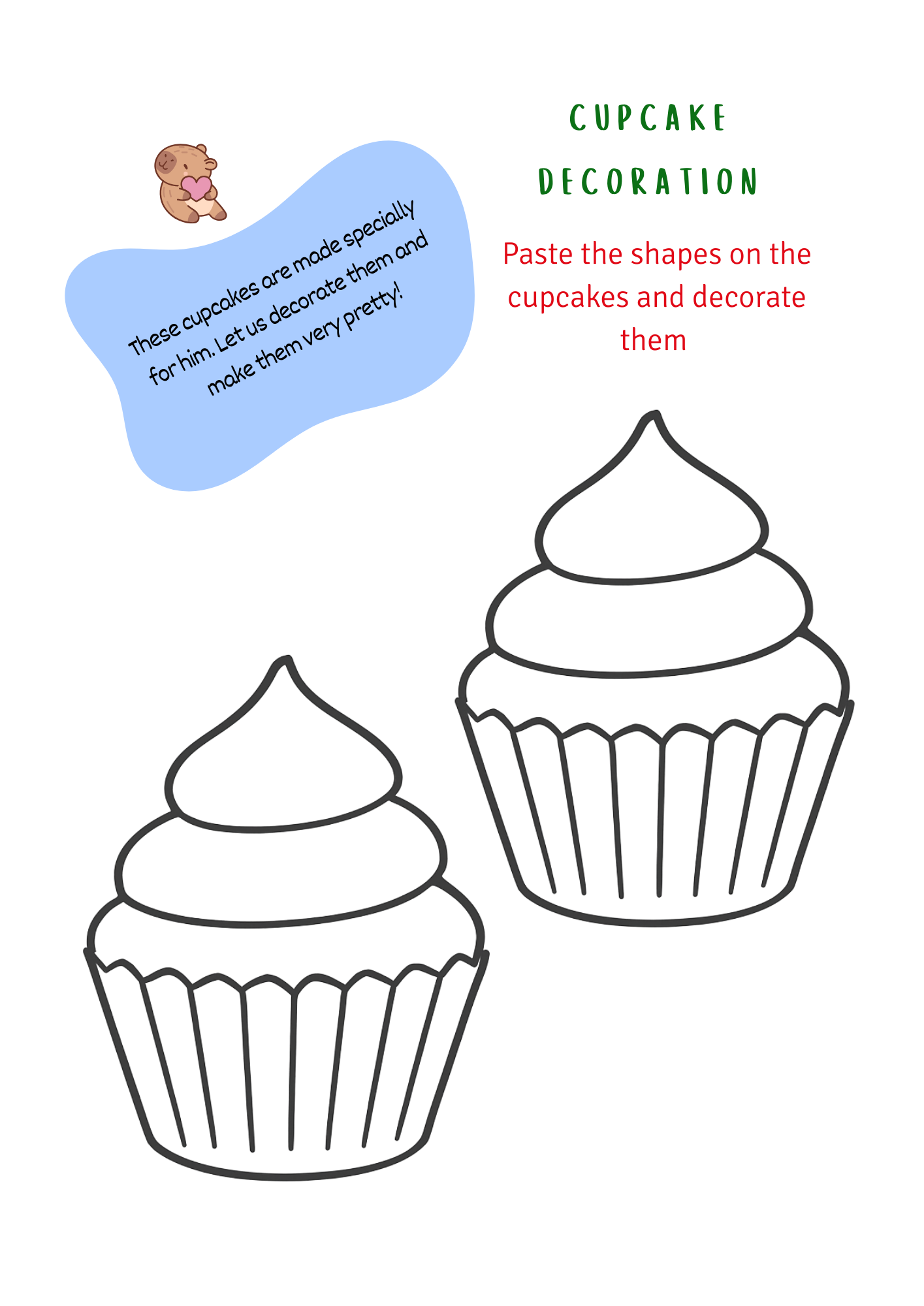 Sheet for cupcake decoration with two cupcakes and text instructions on a white background.