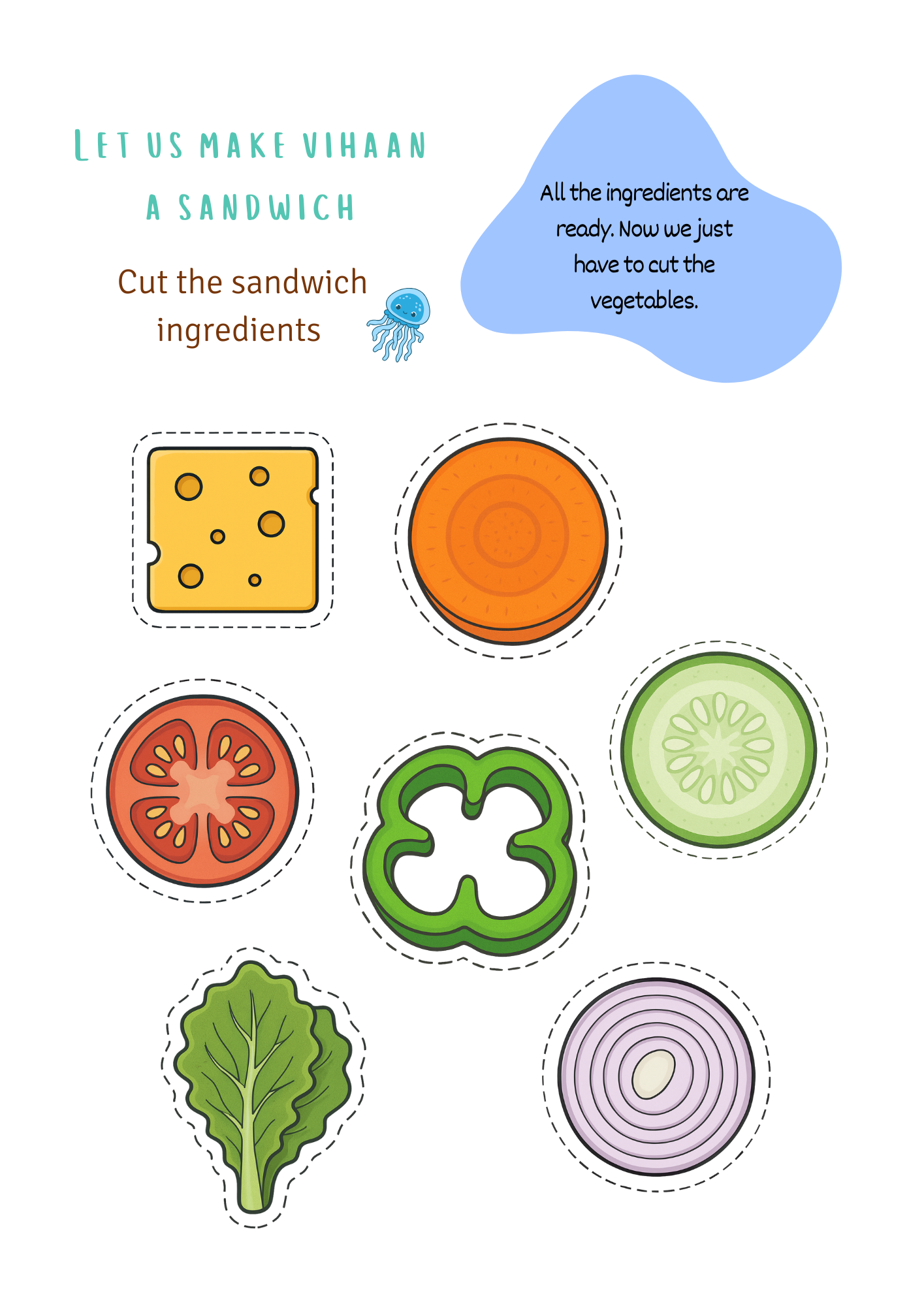 Educational worksheet for children to cut out and assemble sandwich ingredients.
